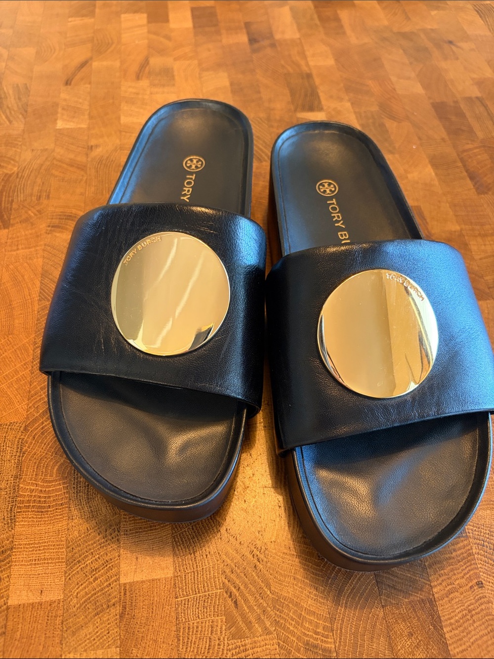 Tory Burch Black Leather Slide Sandals with Gold Medallion